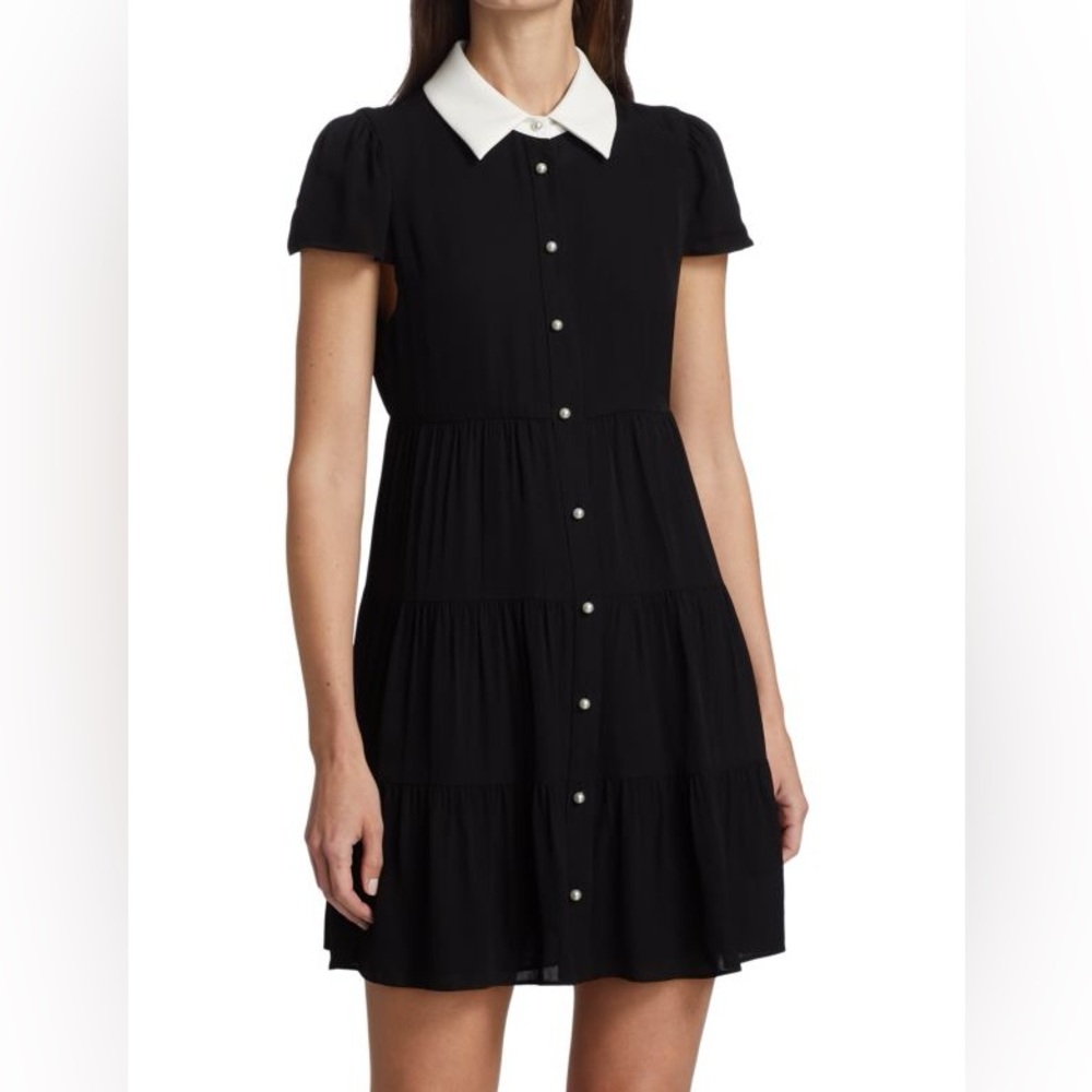 Alice + Olivia Black and White Buttoned Puff Sleeve Dress